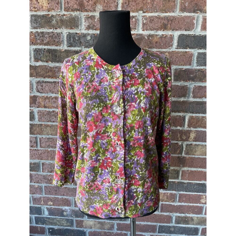 Vtg 90s Chaus Floral Cardigan - Pink Purple Silk Angora Button Up 3/4 Sleeve S